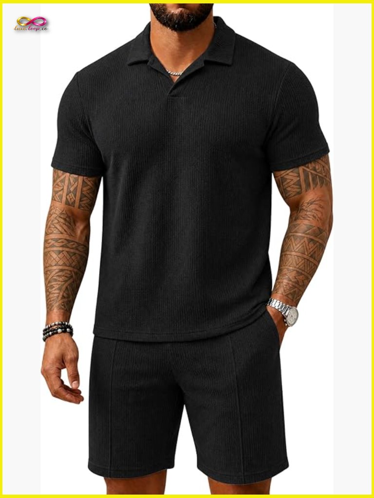 Waffle Knit 2 Piece Outfits Buttonless Polo Shirt And Shorts Set Summer Casual